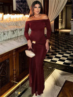 Pleated Patchwork Solid Off - Shoulder Dress