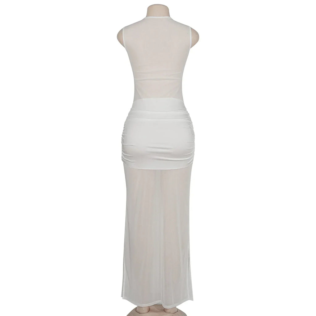 White See - Through Pleated Mesh Long Dress