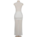 White See - Through Pleated Mesh Long Dress