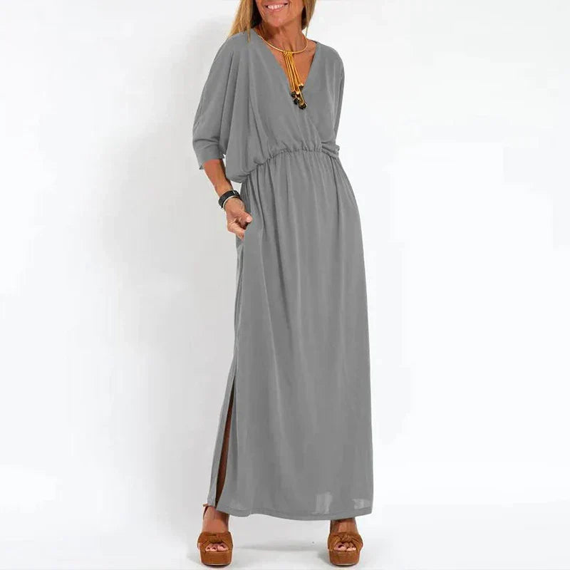Guadalupe Exclusive Long Vintage Dress with Side Slit and High Waist Hen Chic Silhouette Collection