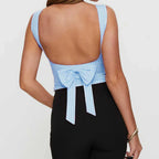 Y2K Cute Open Back Bow Decor Slim Fit Plaid Cami Top