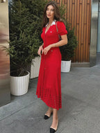Ribbed Contrast Collar Short Sleeve Buttoned Midi Dress