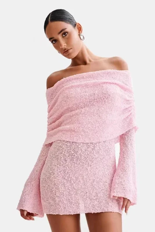 Knitted Slash Neck Vacation Mini Lace Dress