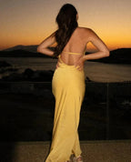 Backless Satin Slant Shoulder Solid Slit Long Dress