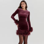 Long Sleeve Slim Sequins Feather Dress