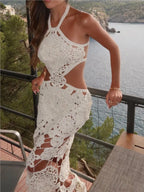 Hollow Hanging Neck Slim Floral Dress