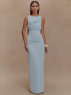 Backless Ruched O Neck Thigh High Split Long Dress
