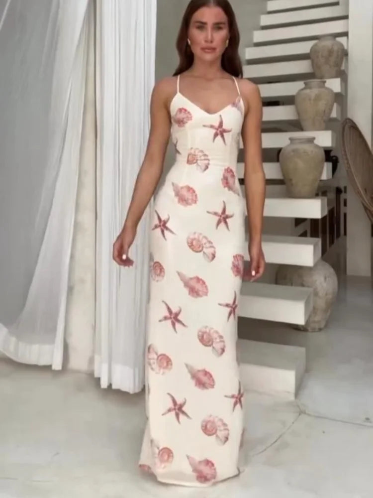 Starfish Printed Ruffle Hem Long Mini Dress