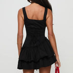 Frill Splice Back Tie up A - Line Hem Lace Up Dress
