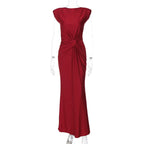 Solid Boat Neck Twist Knot Long Dress