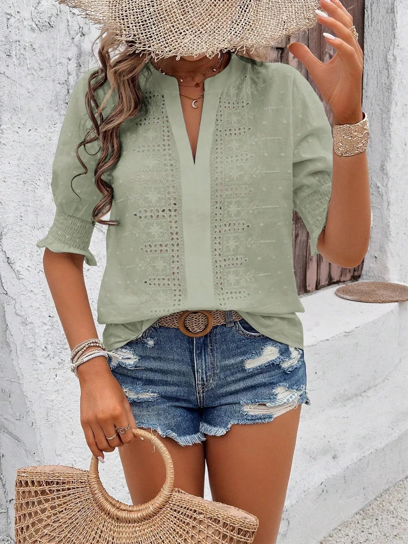 Floral Embroidery Lace Swiss Dot Blouse