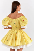 Print Puff Sleeve Ruffles Lace - up Mini Dress