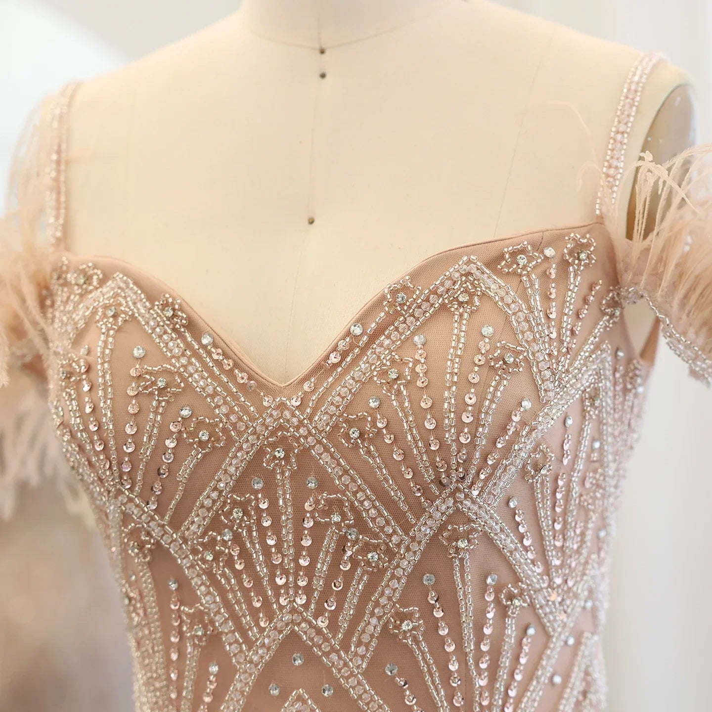 Feathers Beaded Long Prom Formal Gowns