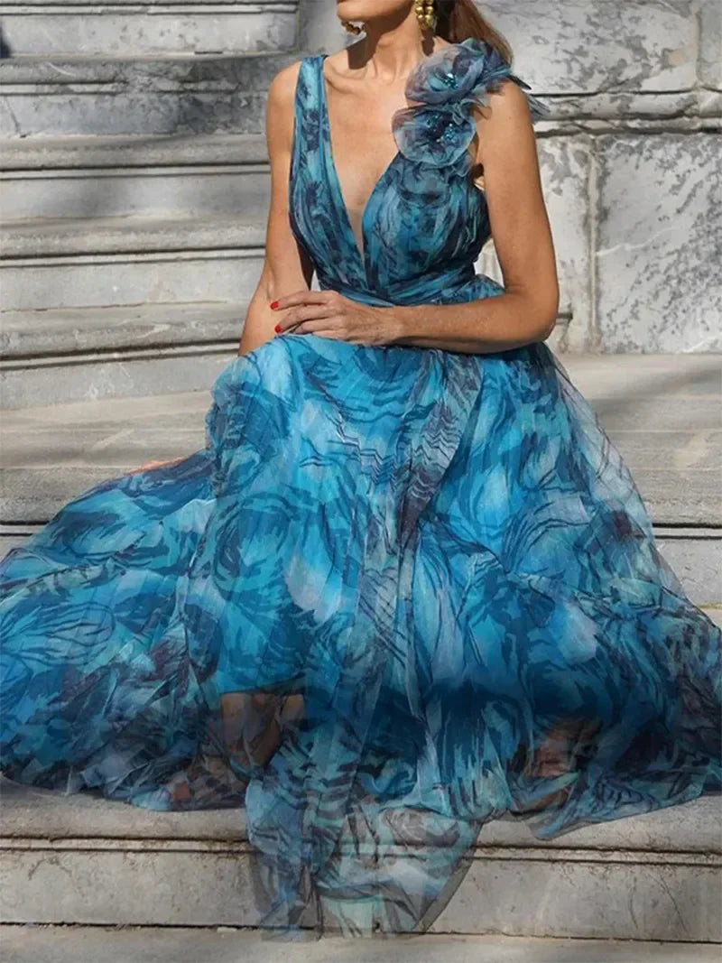 Lucía Premium Bohemian Long Peacock Blue Dress in Summer Style Evening Wear Edit