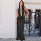 Halter Deep V Neck Lace Sleeveless Long Dress