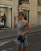 High Street Backless Bandage Pleated Dress Women Sexy Slit Sleeveless Bodycon Mini Dress 2025 Summer Party Dress Streetwear