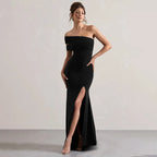 Solid One Shoulder Mesh Slit Long Dress