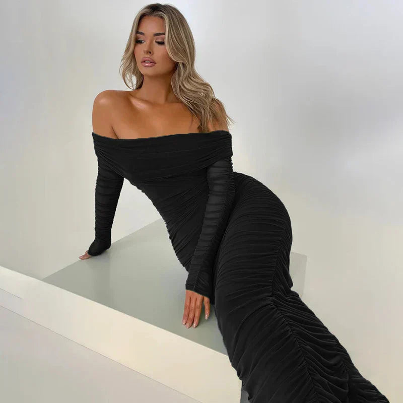 Off - shoulder Slash Neck Solid Maxi Dress