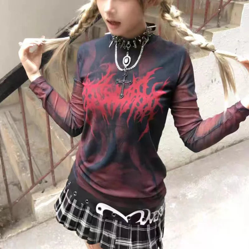 Grunge Aesthetics Print Mesh Sheer Top