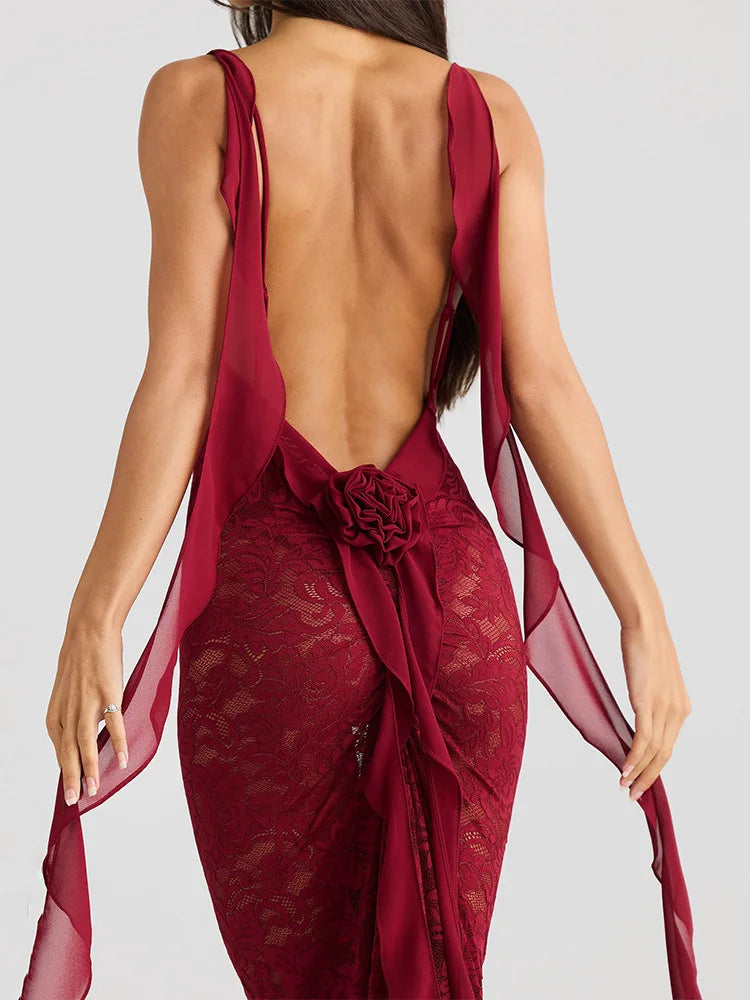 Lace Patchwork Backless Trailing Long Dress