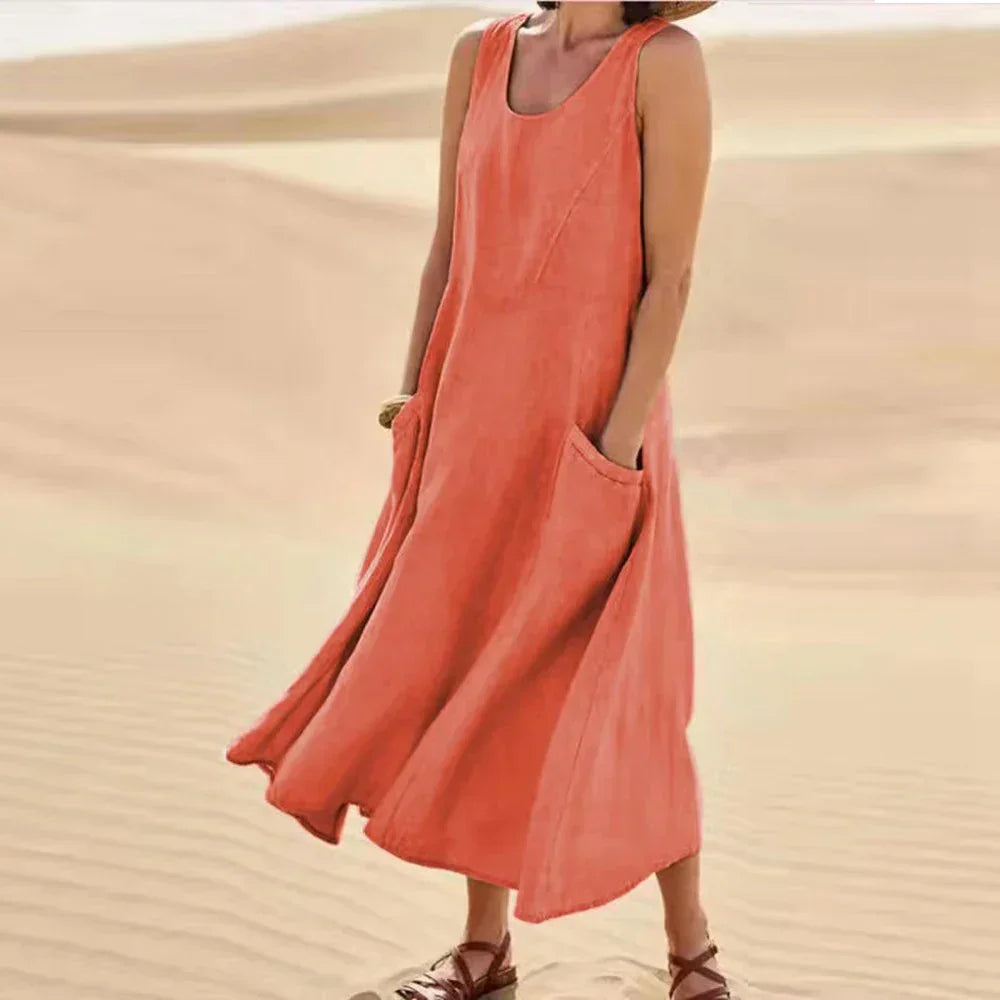 Brianna Boutique Women's Long Summer Dress in Cotton Linen with Pockets Premium Wardrobe Essential