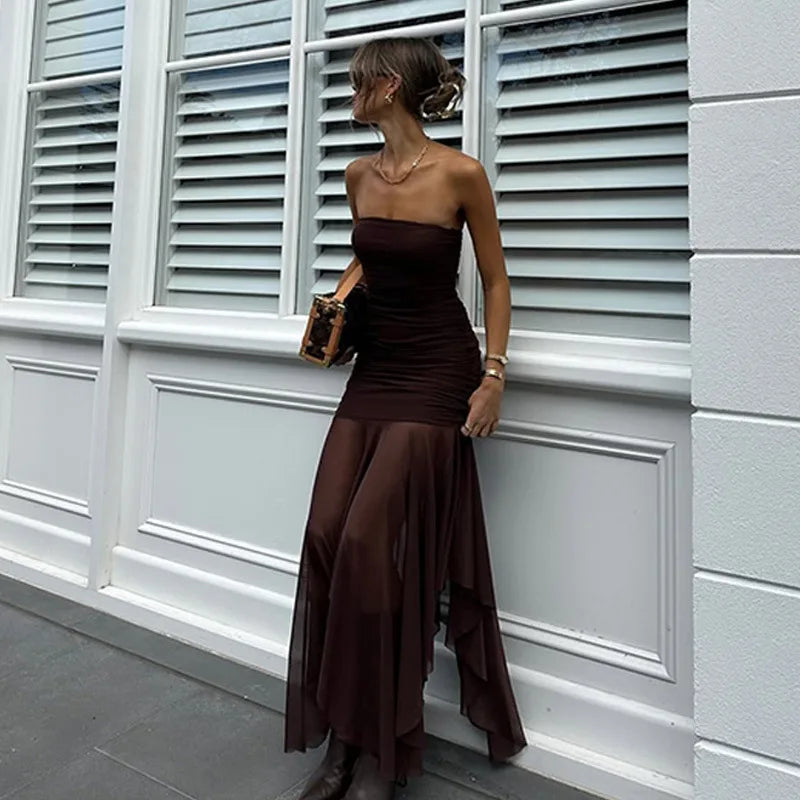 Brown Off - shoulder Strapless Long Dress