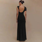 Hollow Out Metal Buckle Solid Short Sleeve Long Dress