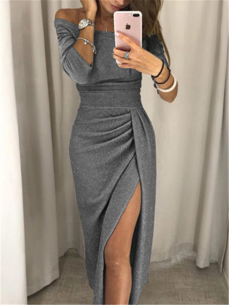 Lucía Minimalist Glitter Dress with Off the Shoulder Shoulders Statement Occasion Edit