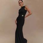 Hollow Out Metal Buckle Solid Short Sleeve Long Dress
