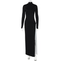 Turtleneck High Slit Contrast Color Ribbon Dress