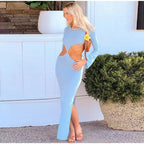 Knitted Hollow Out Solid O - neck Slit Maxi Dress