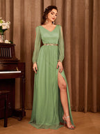 Gauze Applique Slit Vneck Maxi Dress