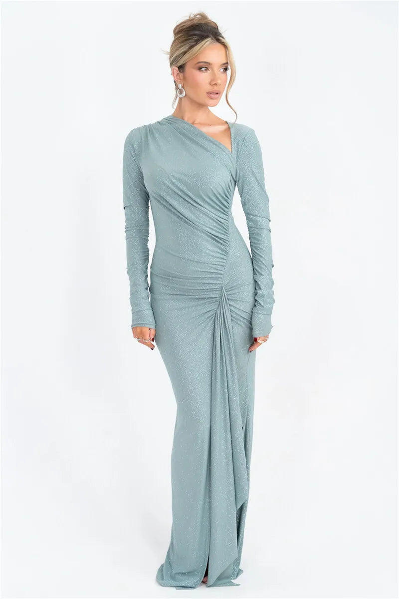 Long Sleeve Ruched Maxi Dress with Thigh - High Split