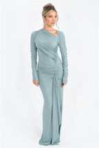 Long Sleeve Ruched Maxi Dress with Thigh - High Split