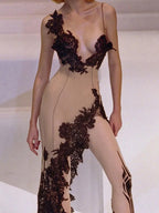 Lace High Split Spaghetti Strap Midi Dress