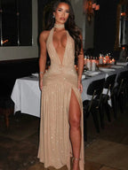 Glitter Bright Silk High Slit Halter Dress