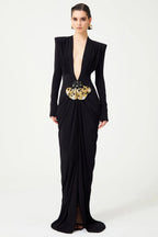 Deep V Neck Long Sleeves Black Maxi Dress Party Gown