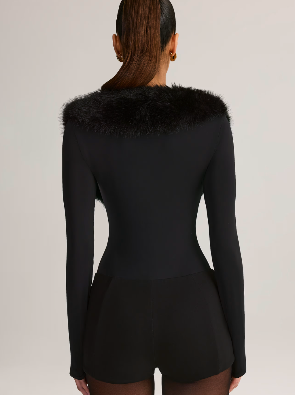 Fur-Trim Playsuit in Black