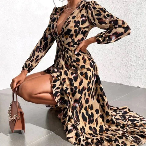 Zaida Premium Leopard Print V Neck Dress Elevated Occasion Wear