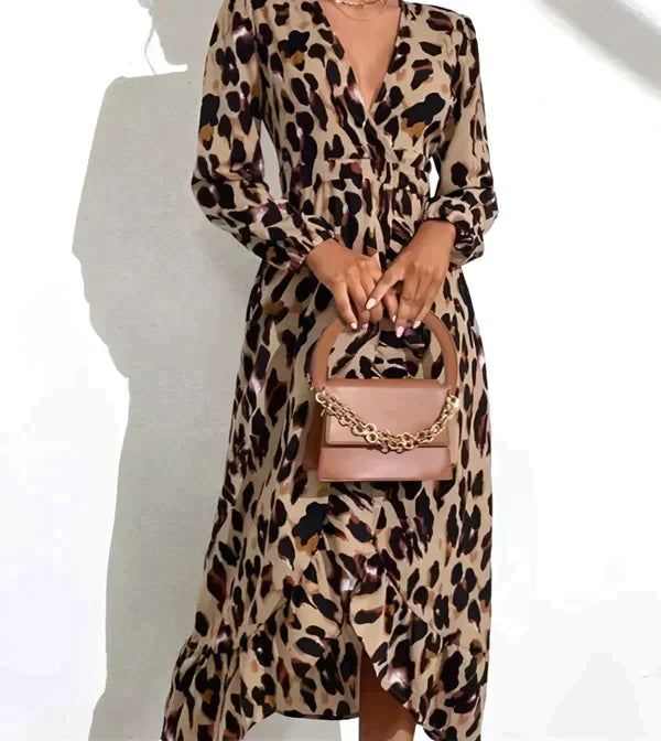 Zaida Premium Leopard Print V Neck Dress Elevated Occasion Wear