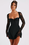 Anina - Tie - Up Lace Sleeves Mini Dress