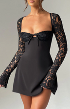 Anina - Tie - Up Lace Sleeves Mini Dress