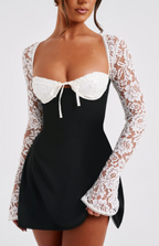 Anina - Tie - Up Lace Sleeves Mini Dress