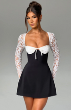 Anina - Tie - Up Lace Sleeves Mini Dress