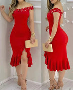 Anisa Elevated Shiny Off Shoulder Cocktail Dress Occasion Wear
