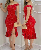 Anisa Elevated Shiny Off Shoulder Cocktail Dress Occasion Wear