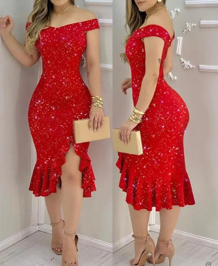 Anisa Elevated Shiny Off Shoulder Cocktail Dress Occasion Wear