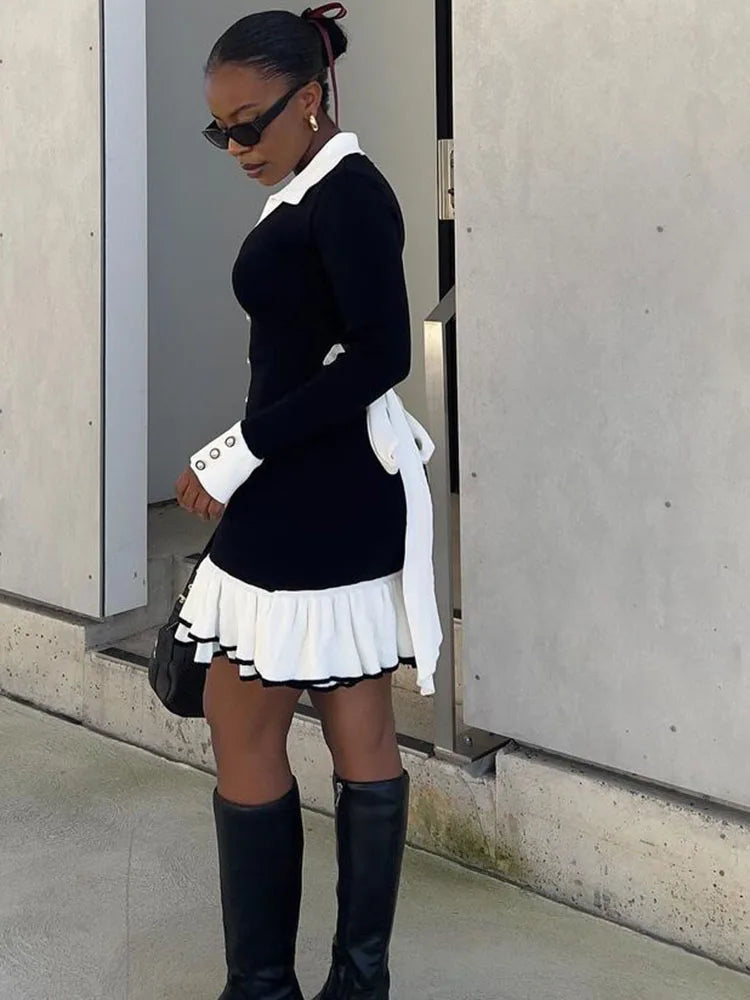 Ruffled Contrast Bow Open Back Lace - Up Knit Mini Dress