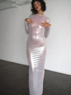 O - neck Full Sleeve Solid Color Mesh Dress