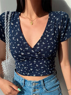 French Floral Vneck Slim Fit Crop Top